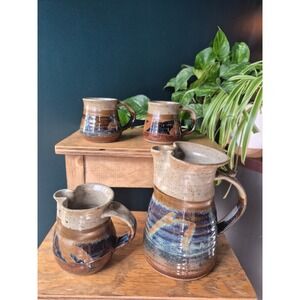 Vintage Studio Pottery Pitcher Mug Set Handmade Stoneware Rustic Farmhouse
